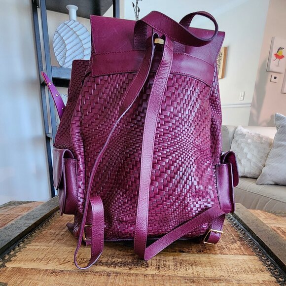 Woven Leather Backpack in Burgundy - Picture 11 of 15